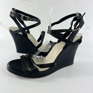 Calvin Klein Vintage 90's Strappy Black Leather Wedges Heels Shoes 8.5